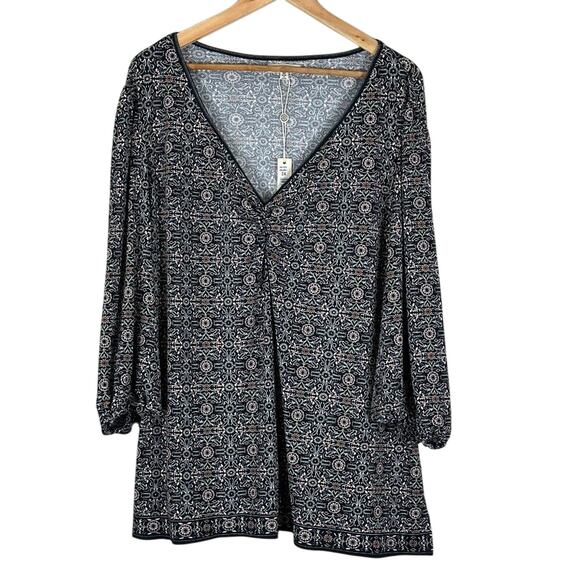 NWT Max Studio Blouse Womens 2X Black Floral V-Neck Stretch Boho Peasant Hippie - Picture 1 of 6